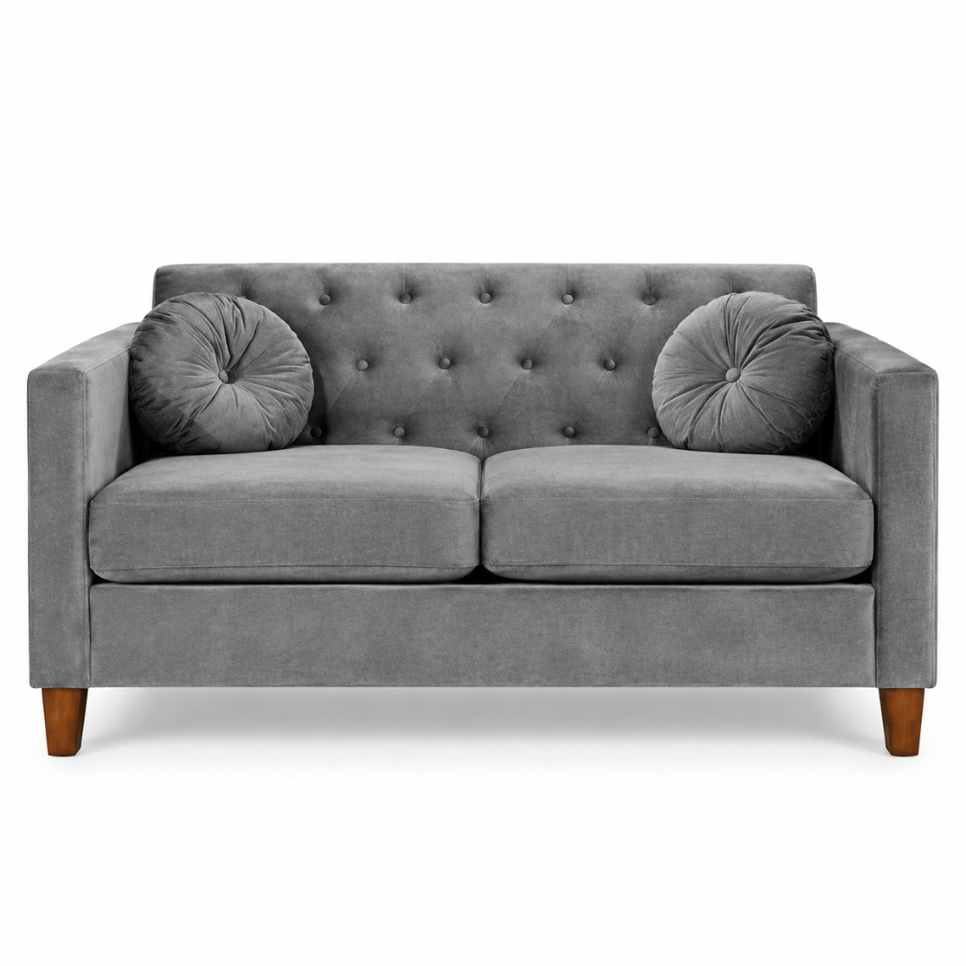 Wooden Twist Velvet Square Arm Loveseat 2 Seater Sofa Grey – Front View