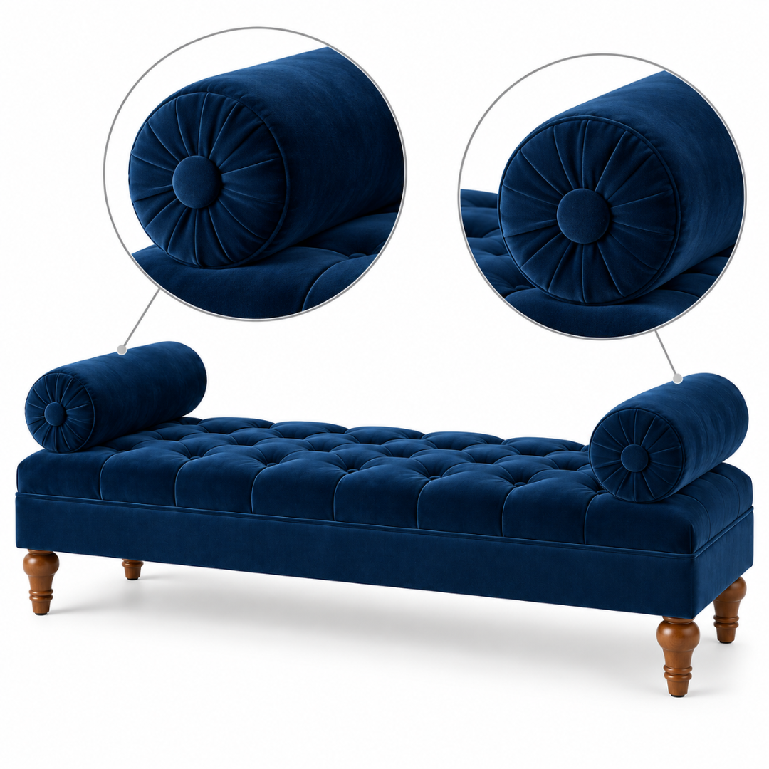 Wooden Twist Lewis Tufted Diwan Bench with Bolsters Blue – Rolled Bolster Cushion Close-Ups