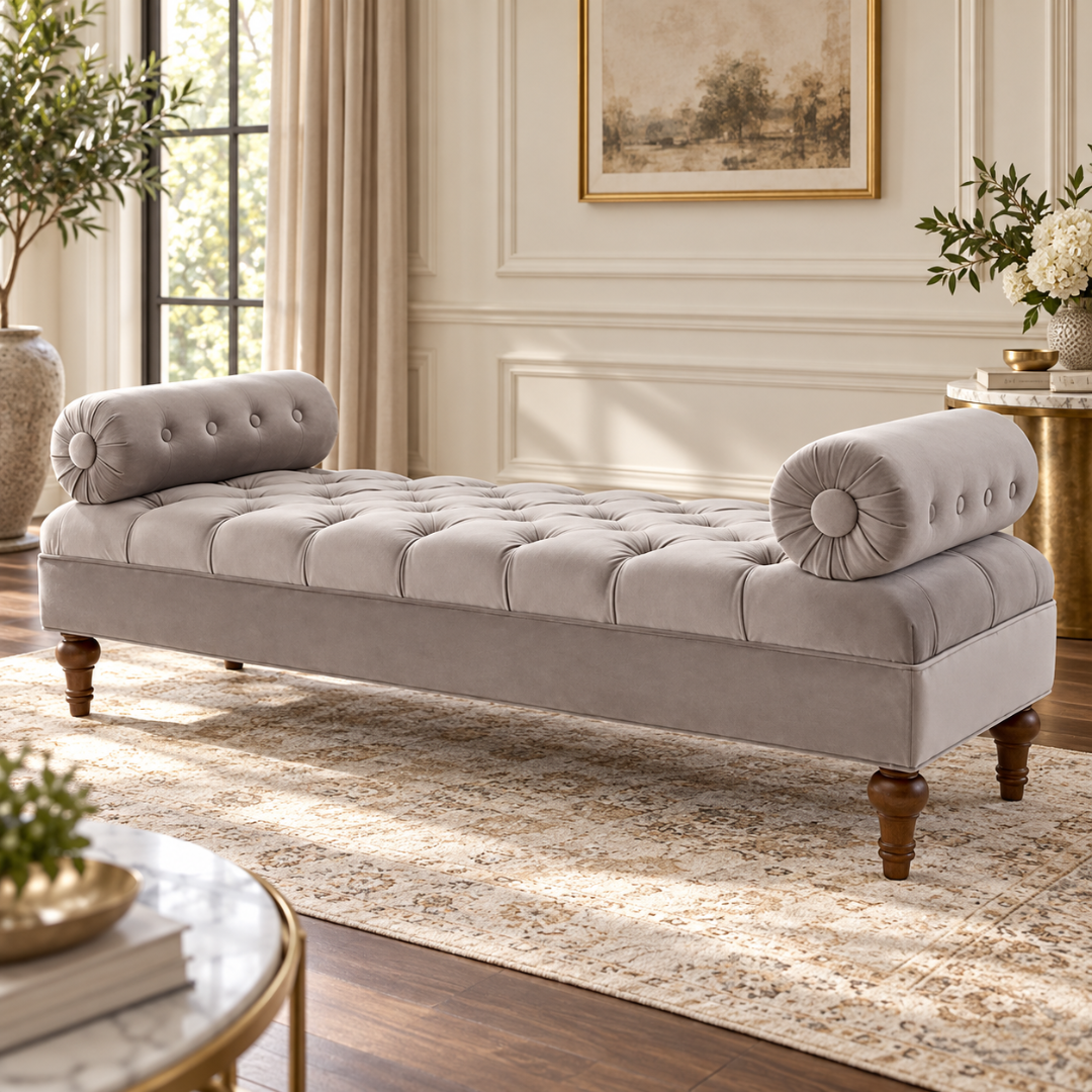 Wooden Twist Lewis Tufted Diwan Bench with Bolsters Grey – Living Room Setting