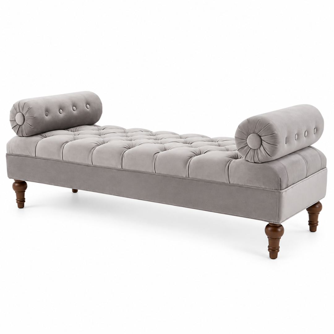 Wooden Twist Lewis Tufted Diwan Bench with Bolsters Grey – Front View
