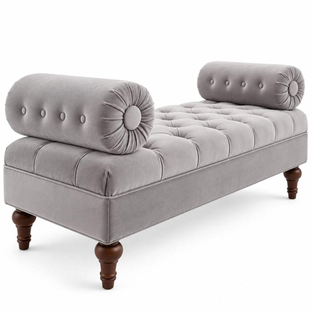 Wooden Twist Lewis Tufted Diwan Bench with Bolsters Grey – Close-Up of Tufted Seat and Bolsters