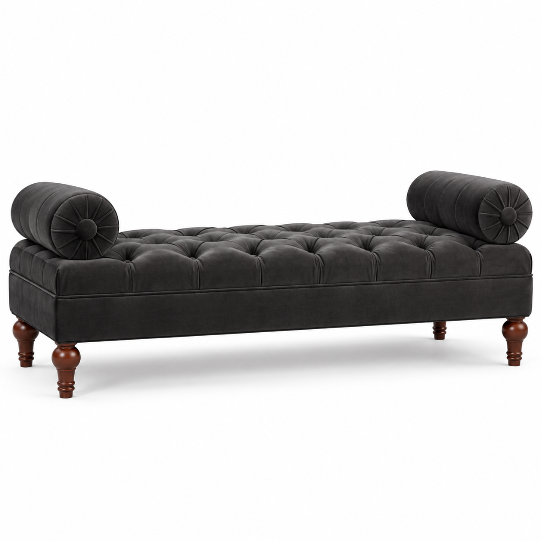 Wooden Twist Lewis Tufted Diwan Bench with Bolsters Black – Angle View