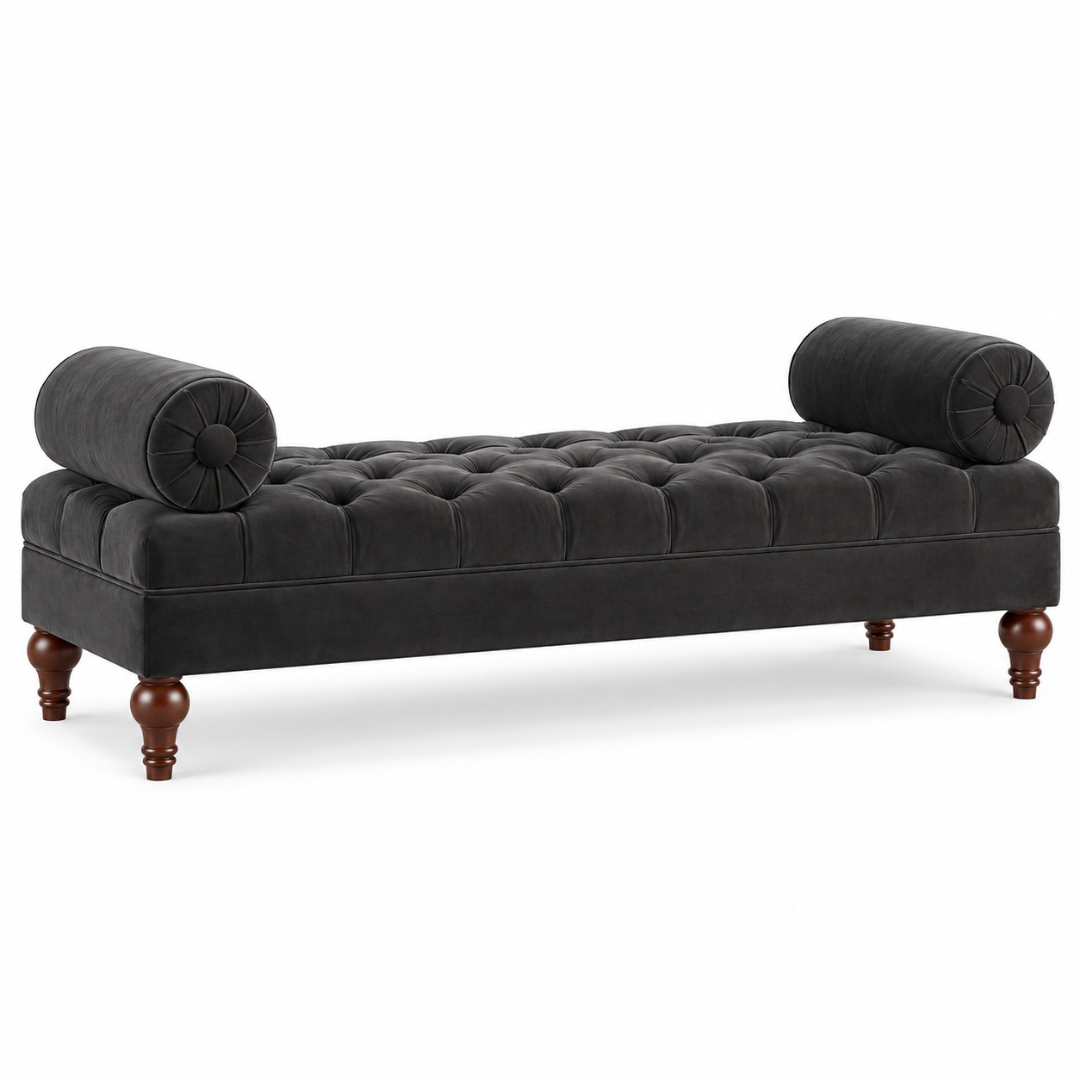 Wooden Twist Lewis Tufted Diwan Bench with Bolsters Black – Side Angle View