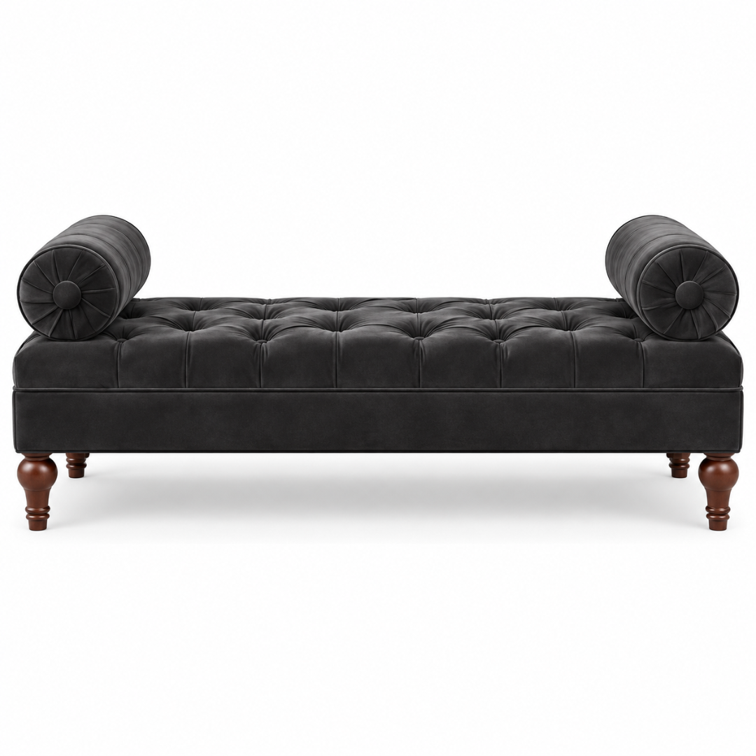 Wooden Twist Lewis Tufted Diwan Bench with Bolsters Black – Front View