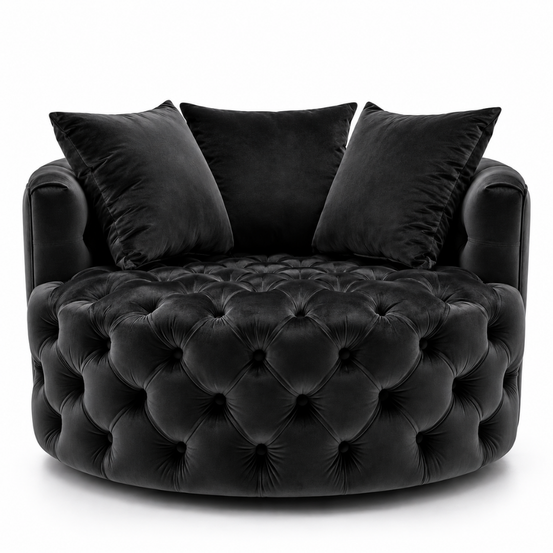 Wooden Twist Round Button Tufted Velvet Cuddle Chair Black – Front View