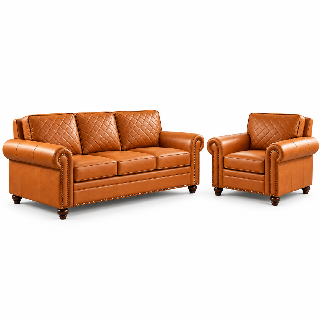Wooden Twist Grace Quilted Brown Sofa Set 3+1 – Angle View