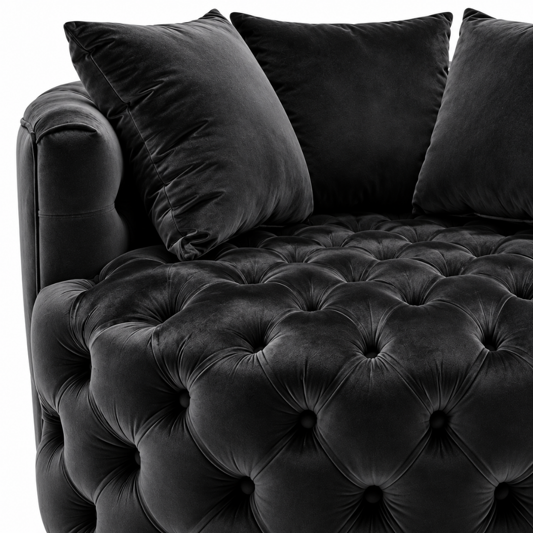 Wooden Twist Round Button Tufted Velvet Cuddle Chair Black – Tufted Close-Up