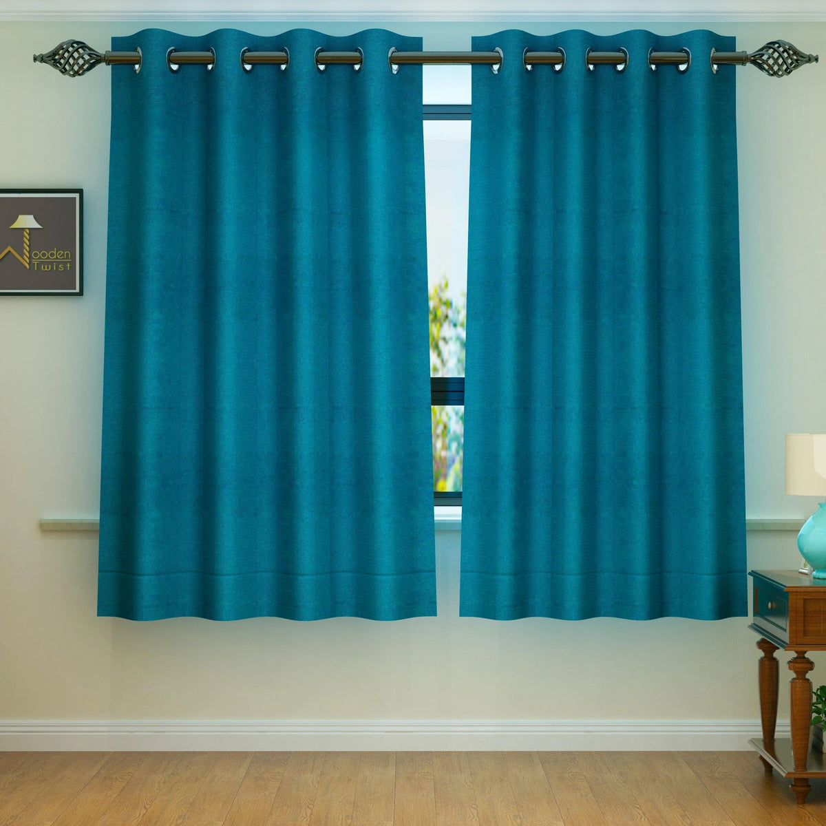 Fabrahome Light Filtering 4.5 Ft Jute Fabric Window Curtain ( Blue ) - Wooden Twist UAE