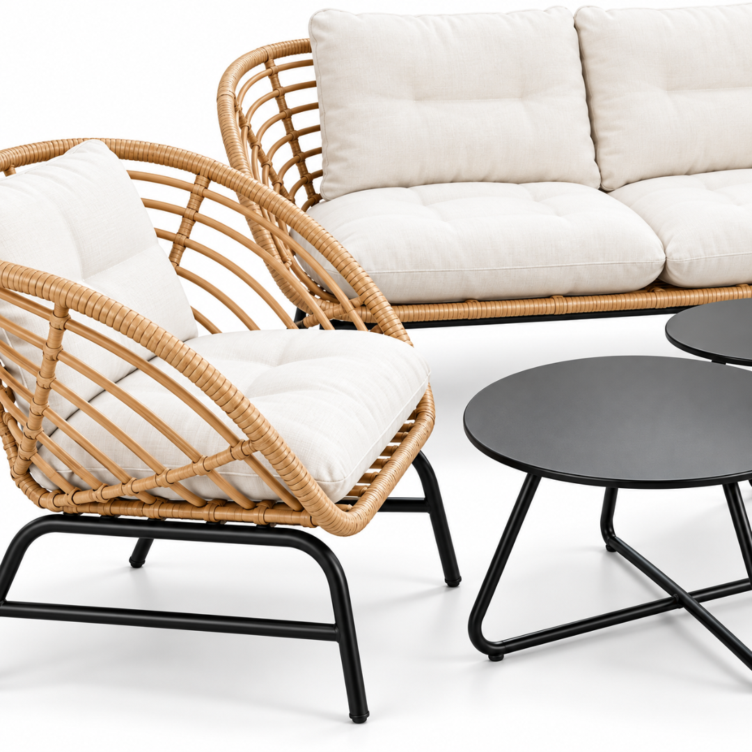 Wooden Twist Sorrento 5-Piece Rattan Outdoor Sofa Set – chair and coffee table close-up