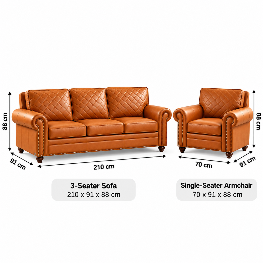Wooden Twist Grace Quilted Brown Sofa Set 3+1 – Dimensions 3 Seater 210 x 91 x 88 cm, Armchair 70 x 91 x 88 cm