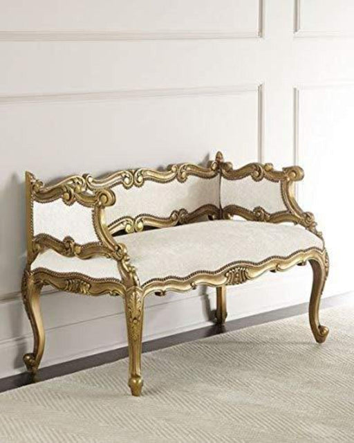 Wooden Twist Engrave Hand Carved Teak Wood 2 Seater Bench for Living Room ( Ivory ) - Wooden Twist UAE