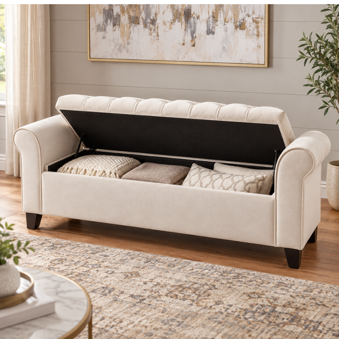 Wooden Twist Zamansiz ivory velvet storage bench – lid open showing hidden storage compartment