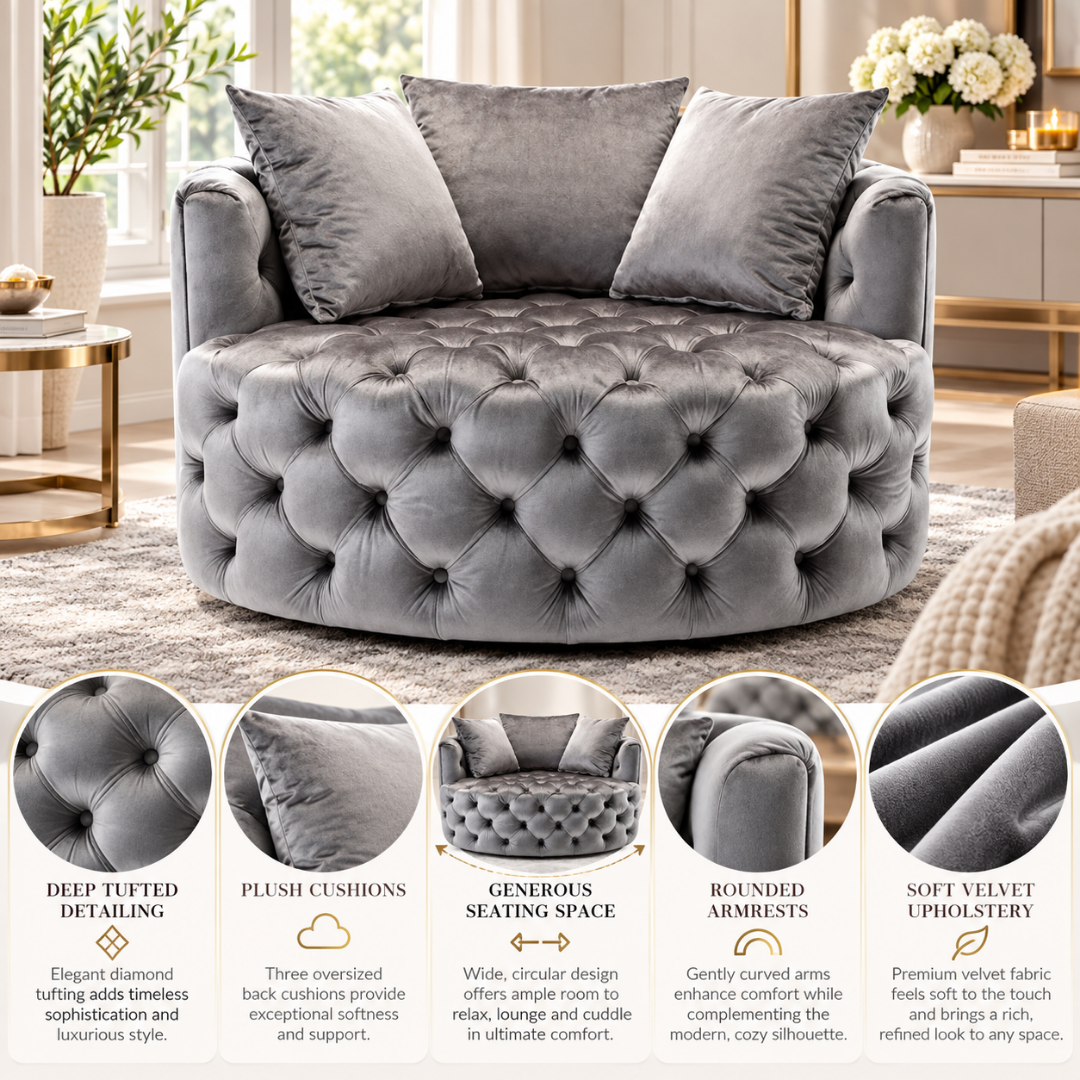 Wooden Twist Round Button Tufted Velvet Cuddle Chair Grey – Key Features
