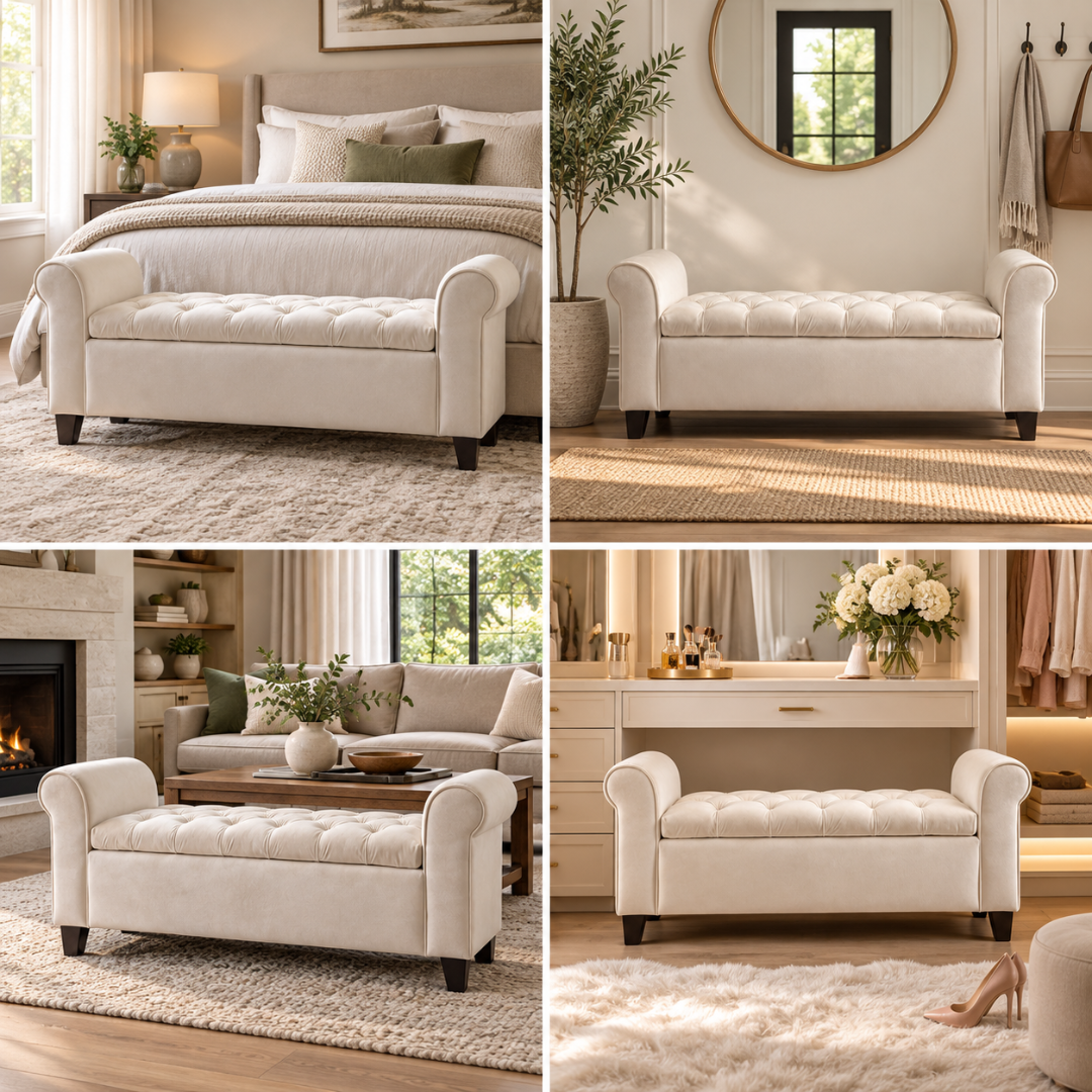 Wooden Twist Zamansiz ivory tufted storage bench – styled in bedroom, entryway, living room and dressing area