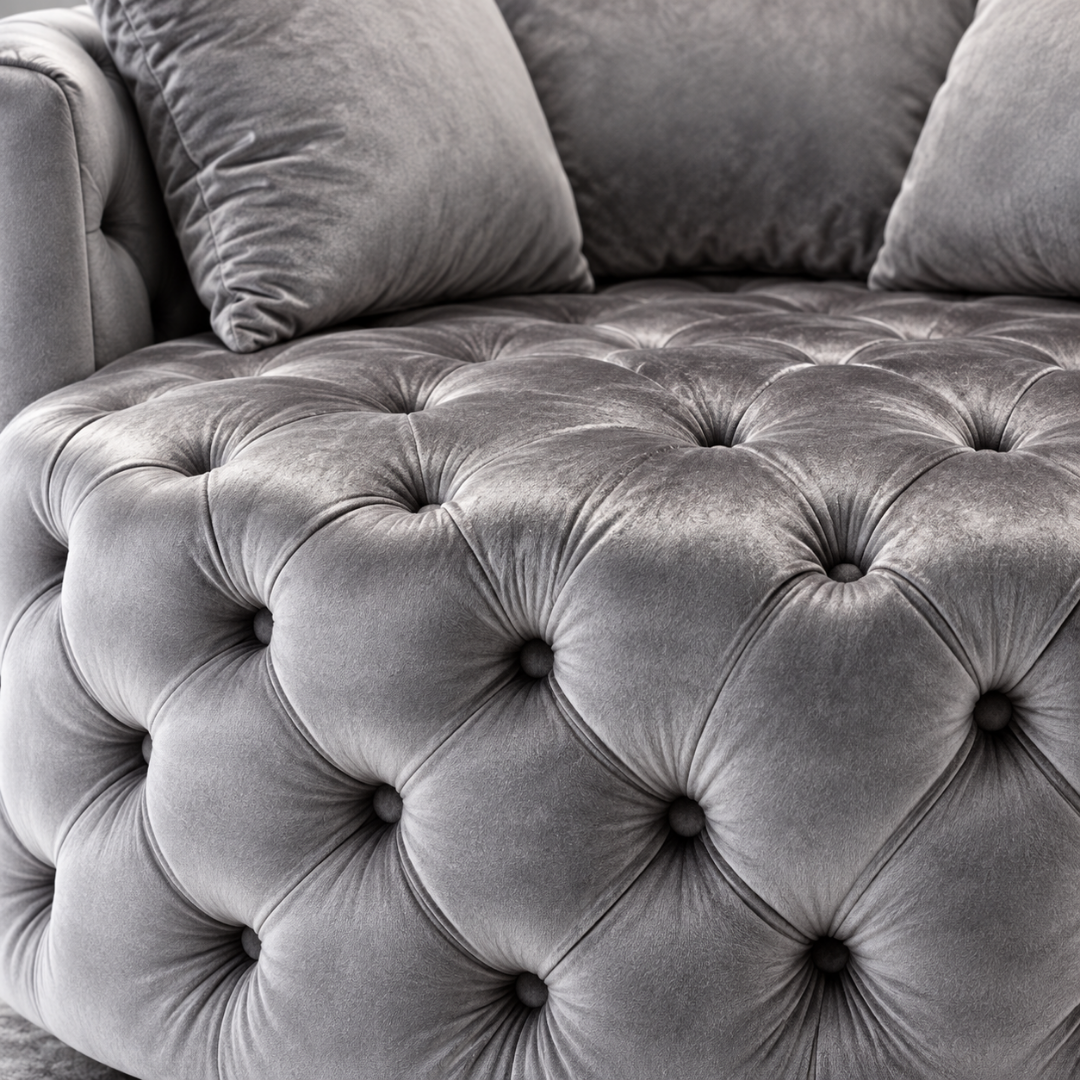 Wooden Twist Round Button Tufted Velvet Cuddle Chair Grey – Tufted Close-Up