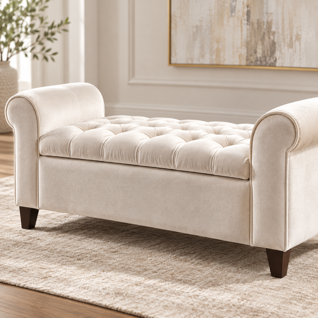 Wooden Twist Zamansiz ivory tufted velvet bench – close-up of rolled arms and dark wood legs