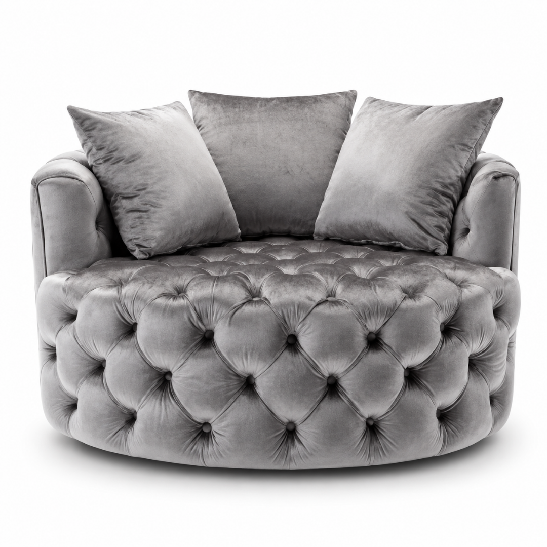 Wooden Twist Round Button Tufted Velvet Cuddle Chair Grey – Front View