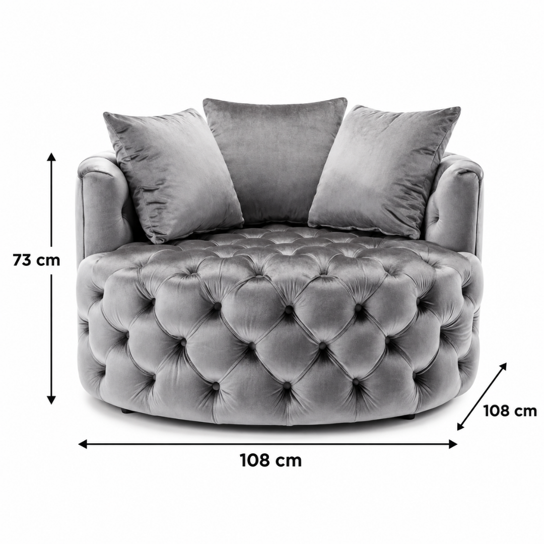 Wooden Twist Round Button Tufted Velvet Cuddle Chair Grey – Dimensions 108 x 108 x 73 cm