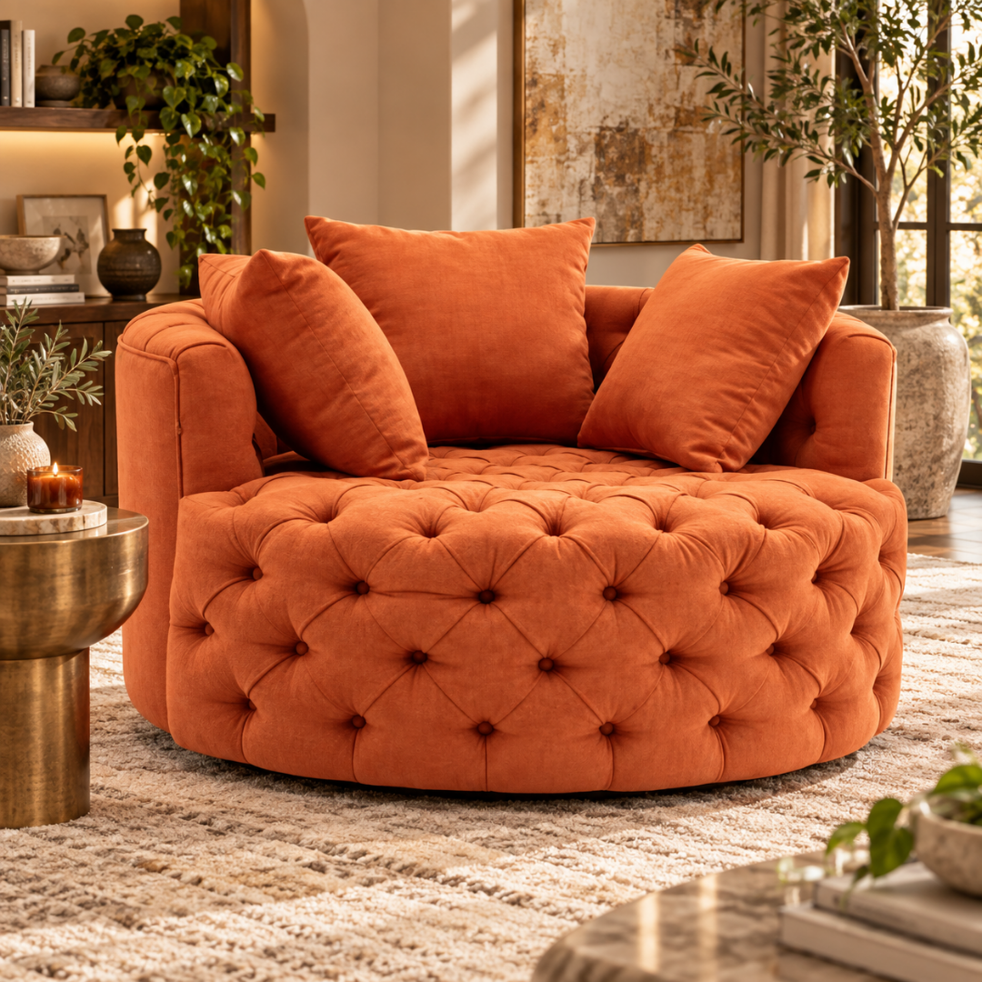 Wooden Twist Round Button Tufted Velvet Cuddle Chair Orange – Living Room