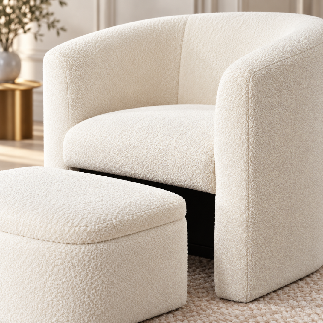 Wooden Twist Tierce Modern Barrel Accent Chair Soft Boucle Fabric