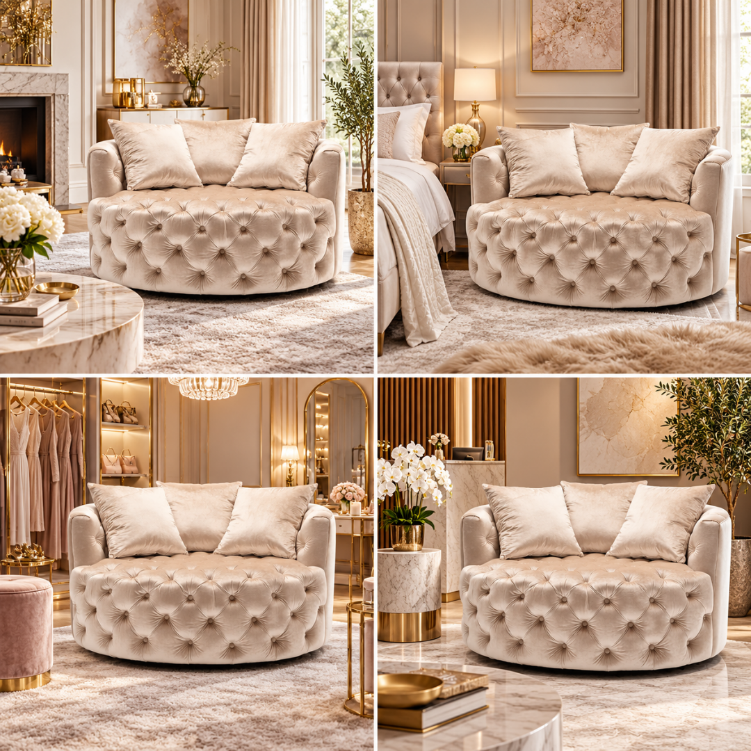 Wooden Twist Round Button Tufted Velvet Cuddle Chair Beige – Room Styling Ideas