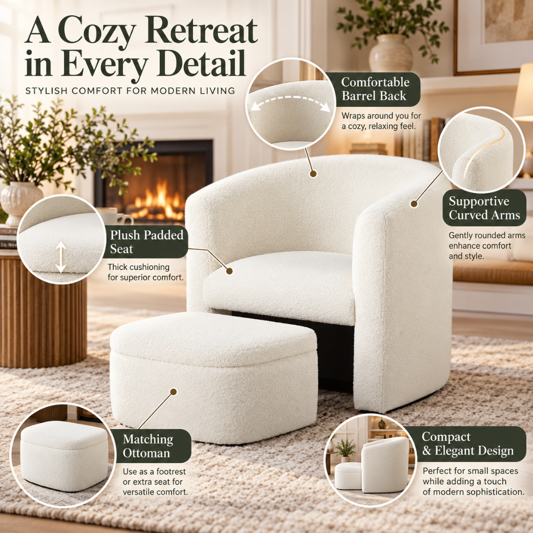 Wooden Twist Tierce Modern Barrel Accent Chair Soft Boucle Fabric