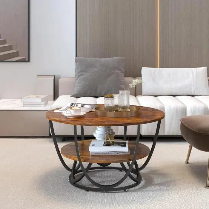 Wooden Twist Round Coffee Table with Marble Top Like Finish Stylish 2-Tier Design - Wooden Twist UAE