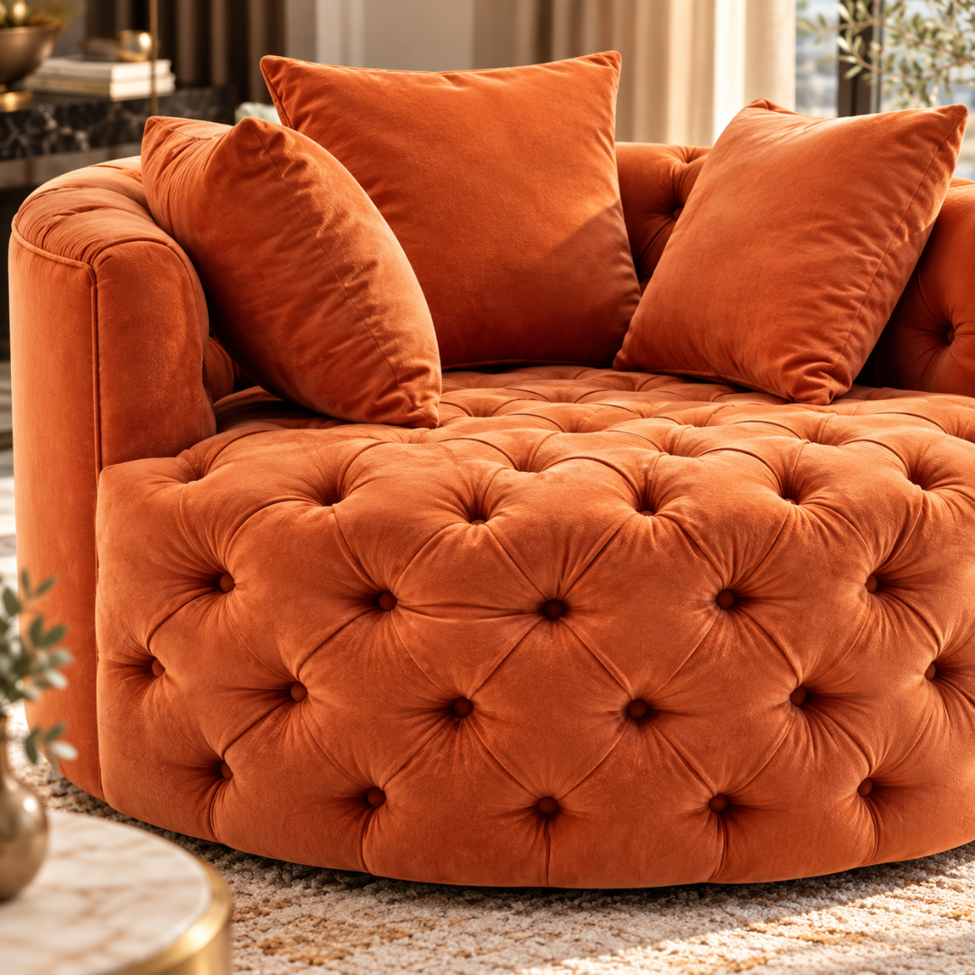 Wooden Twist Round Button Tufted Velvet Cuddle Chair Orange – Tufted Close-Up