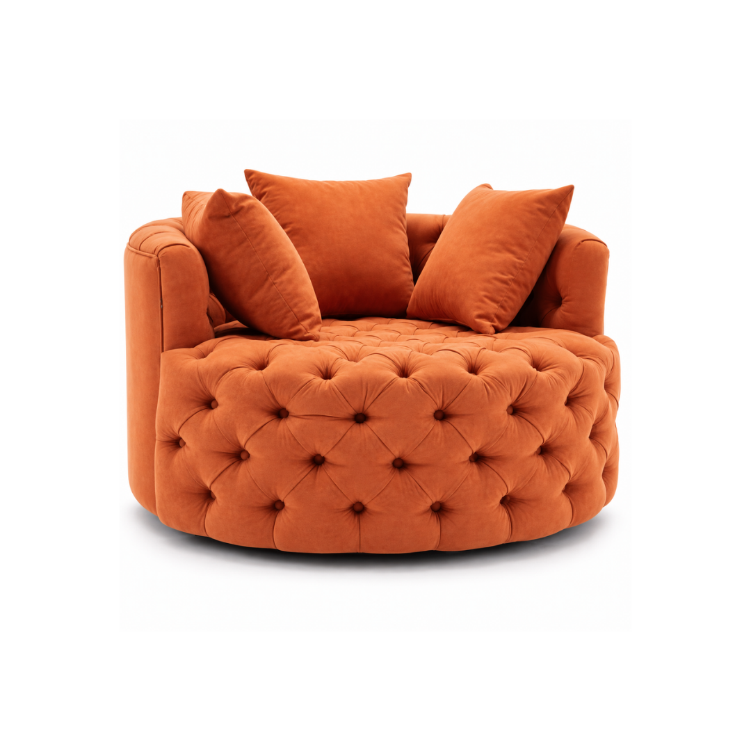 Wooden Twist Round Button Tufted Velvet Cuddle Chair Orange – Front View