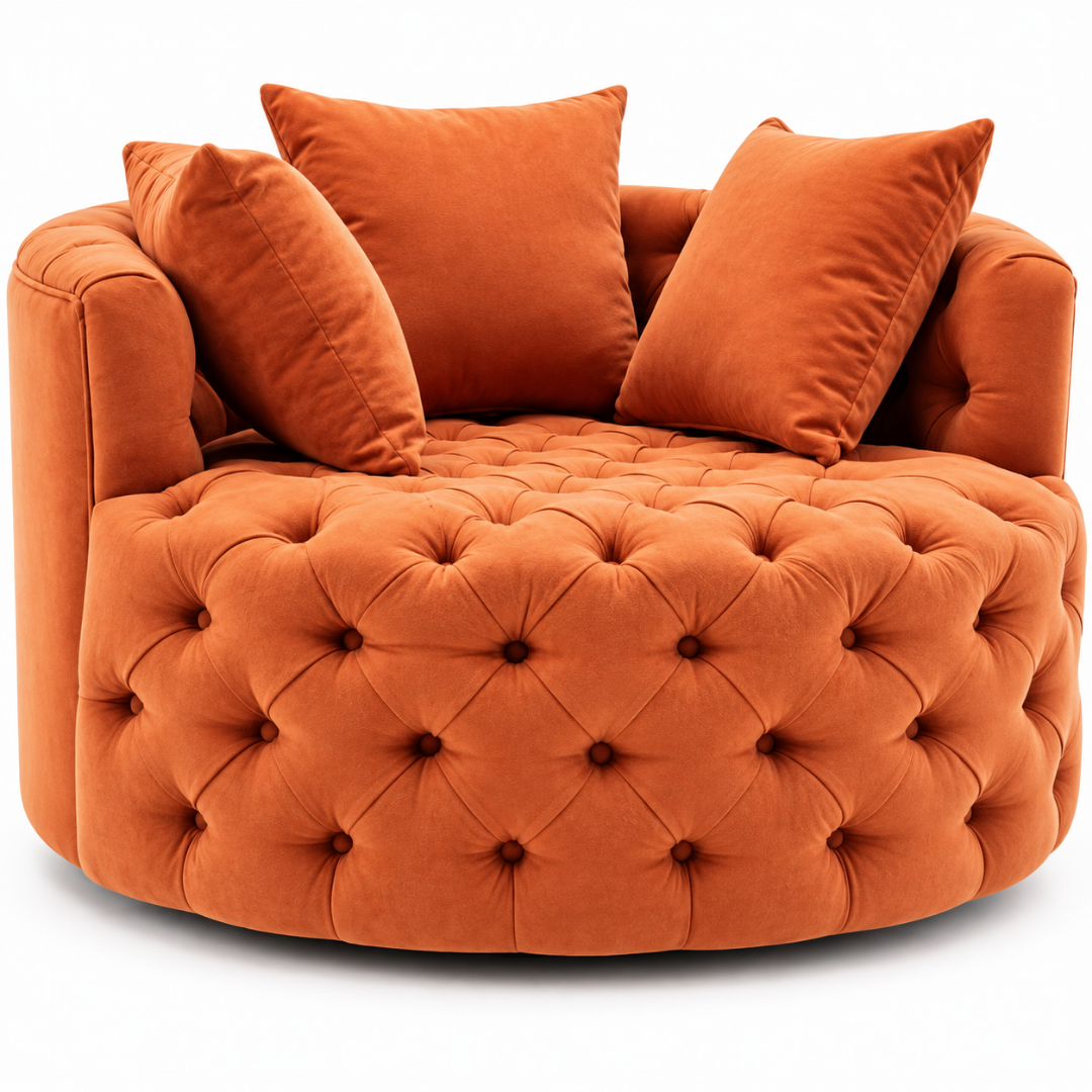 Wooden Twist Round Button Tufted Velvet Cuddle Chair Orange – Front View Close-Up