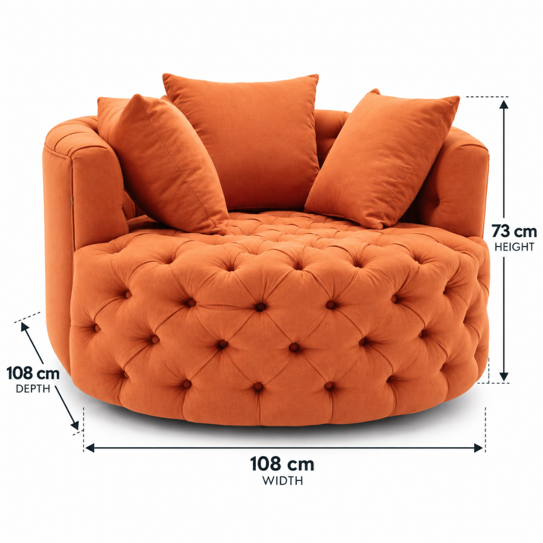 Wooden Twist Round Button Tufted Velvet Cuddle Chair Orange – Dimensions 108 x 108 x 73 cm