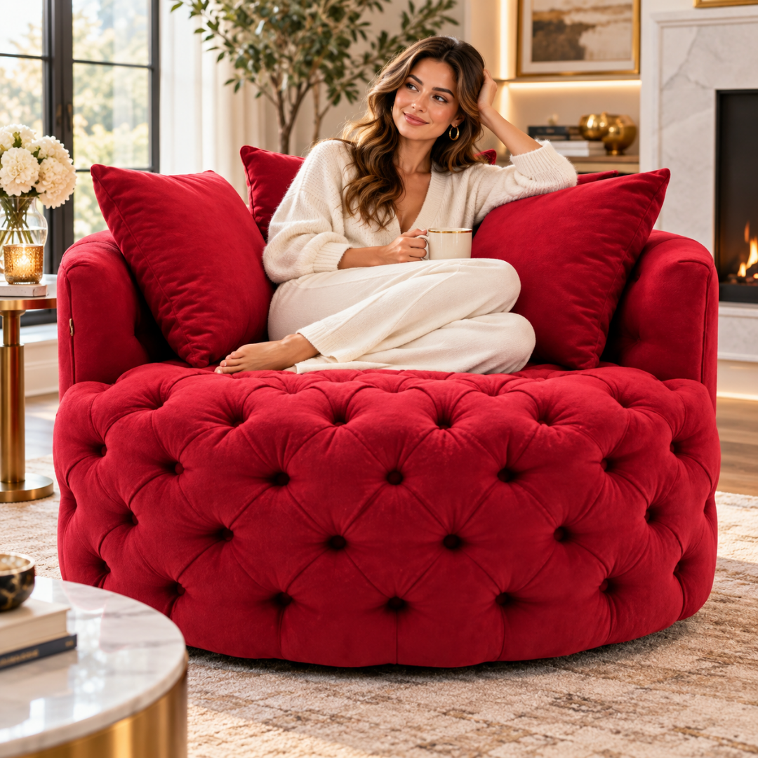 Wooden Twist Round Button Tufted Velvet Cuddle Chair Red – Lifestyle with Model
