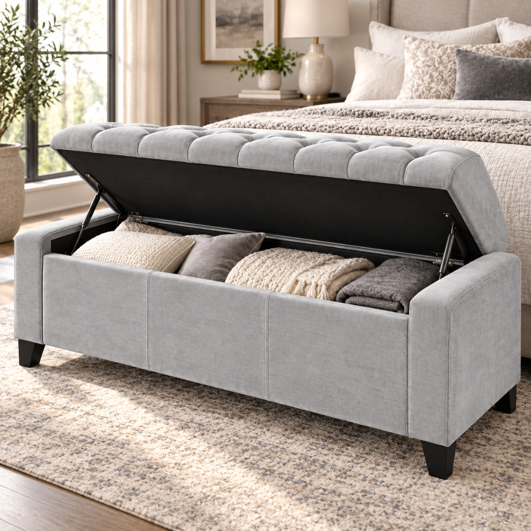Wooden Twist Raffinee light gray storage bench – flip top open showing blanket and pillow storage