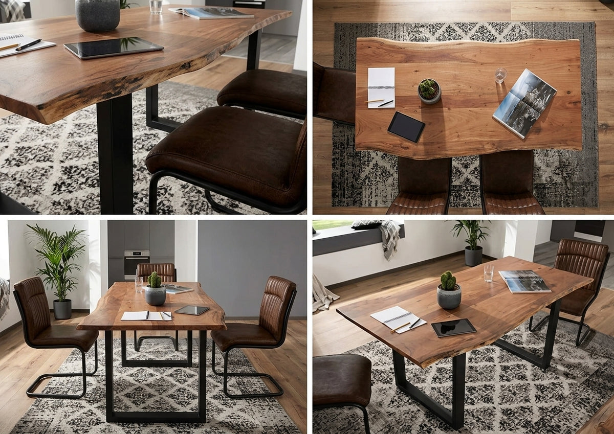 Wooden Twist Acacia Wood and Wrought Iron Vintage Dining Table Rustic Industrial Design for Home Decor