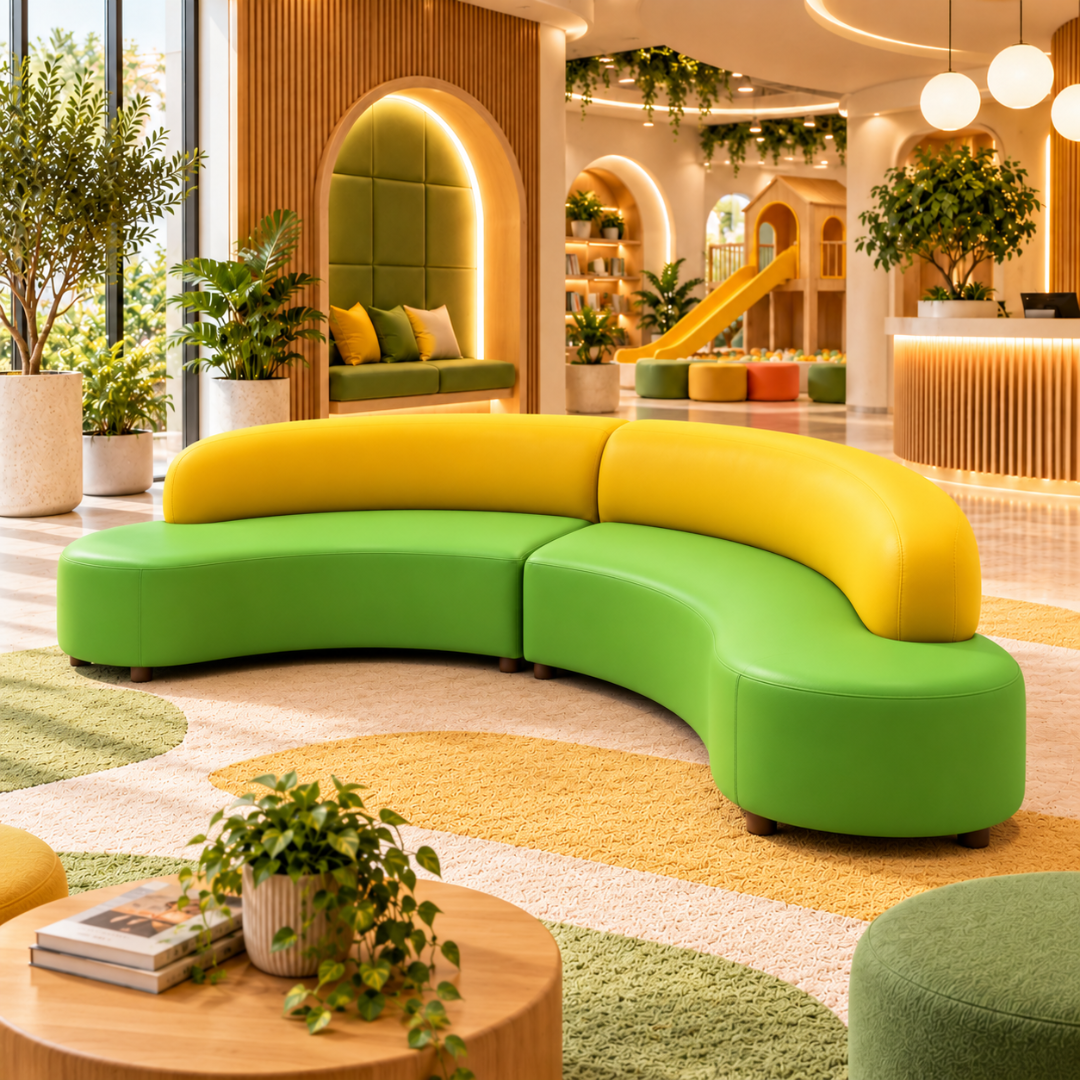 Wooden Twist Citrus curved green and yellow PU leather sofa in a bright family lounge
