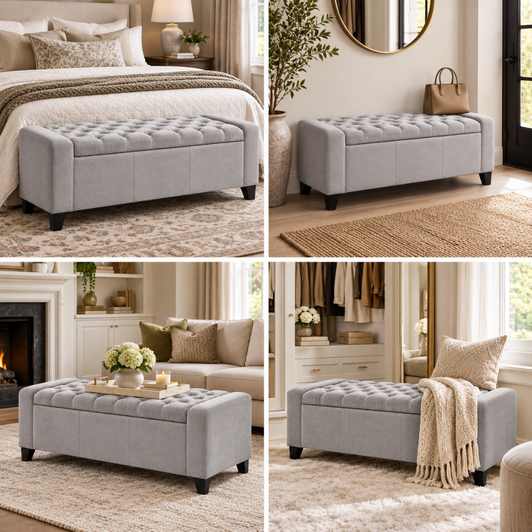 Wooden Twist Raffinee light gray velvet storage bench – styled in bedroom, entryway, living room and hallway