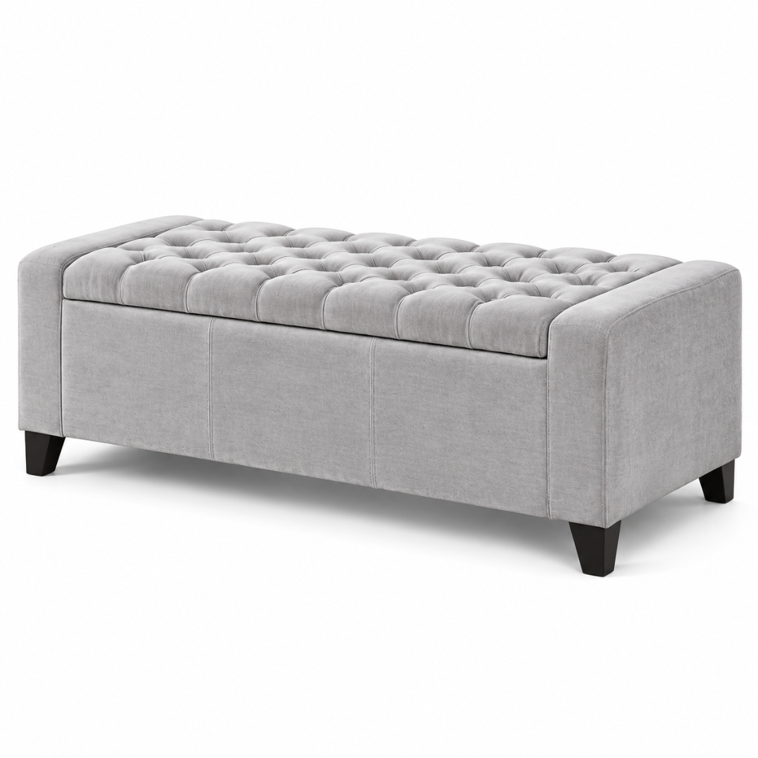 Wooden Twist Raffinee light gray tufted flip top storage bench – angled view on white background