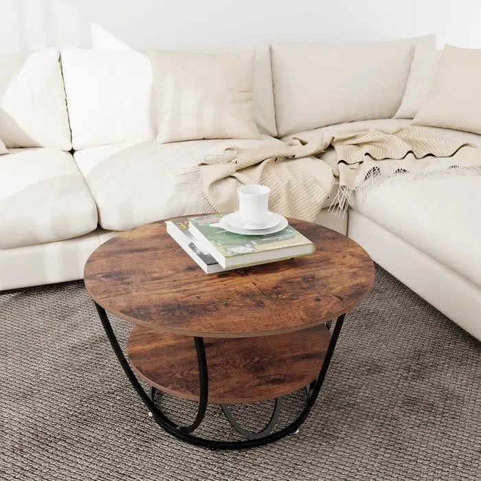 Wooden Twist Round Coffee Table with Marble Top Like Finish Stylish 2-Tier Design - Wooden Twist UAE