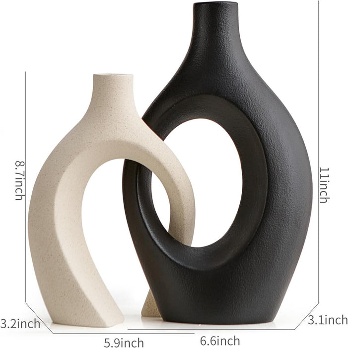 Wooden Twist Modern Home Decor Ceramic White & Black Hollow Decorative Vase for Pampas Flowers ( Set of 2 ) - Wooden Twist UAE