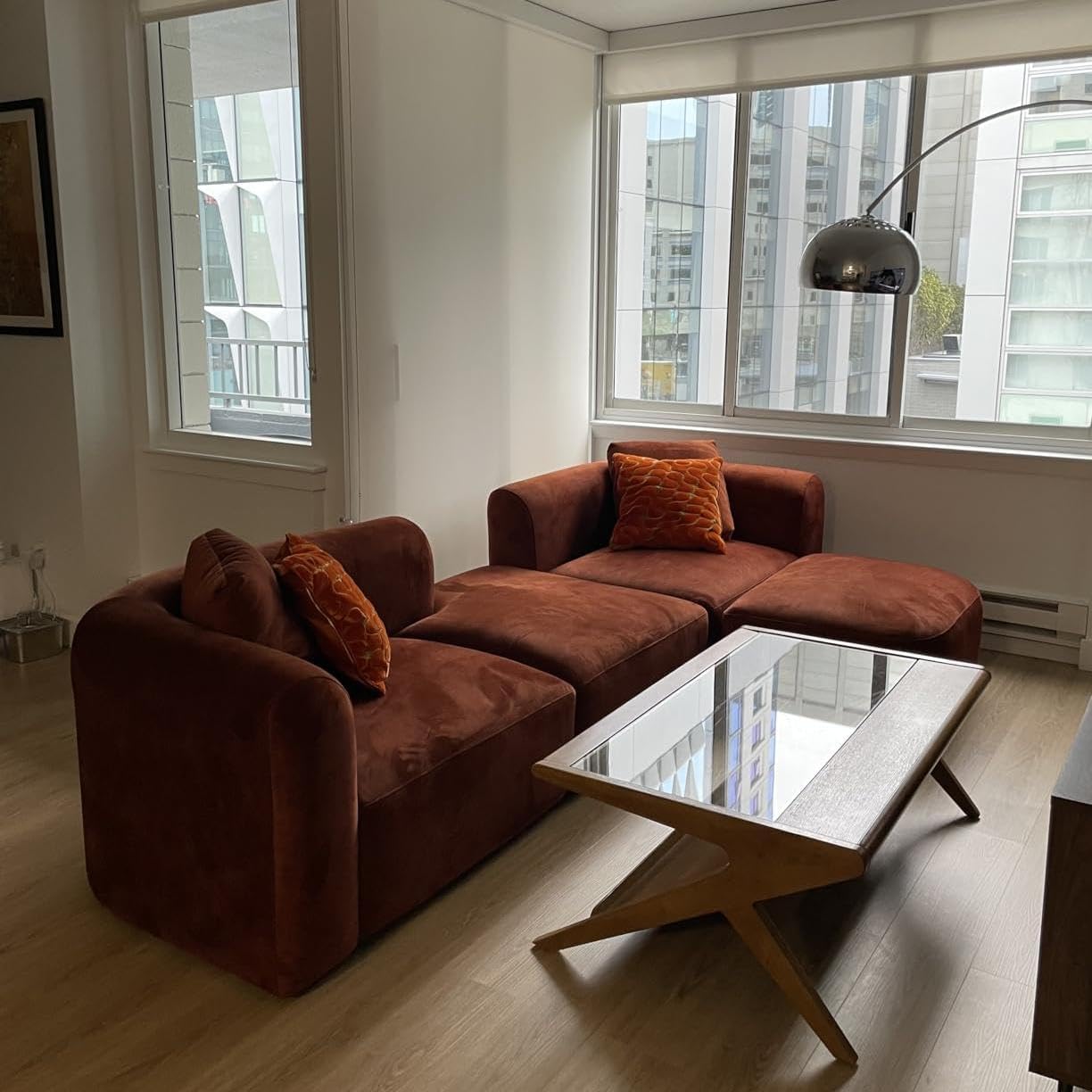 Wooden Twist Velvet Sectional Sofa Tangerine 4 Seater Modular - Corner View