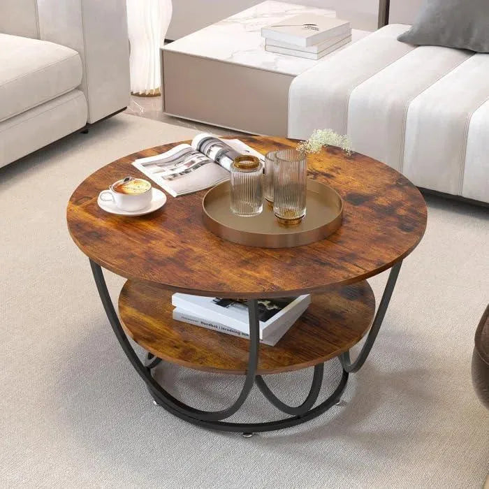 Wooden Twist Round Coffee Table with Marble Top Like Finish Stylish 2-Tier Design - Wooden Twist UAE