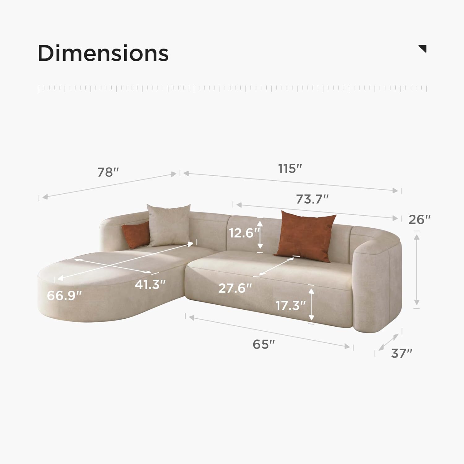 Wooden Twist Velvet Sectional Sofa Cream L-Shape Left Chaise - Side View