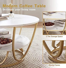 Wooden Twist Round Coffee Table with Marble Top Like Finish Stylish 2-Tier Design - Wooden Twist UAE