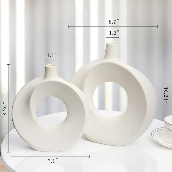 Wooden Twist Modern Home Decor Ceramic White Round Donut Decorative Vase for Matte Flowers ( Set of 2 ) - Wooden Twist UAE