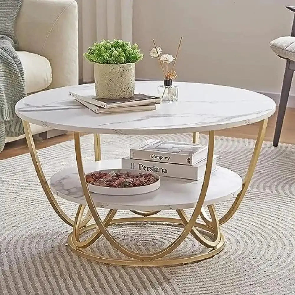 Wooden Twist Round Coffee Table with Marble Top Like Finish Stylish 2-Tier Design - Wooden Twist UAE