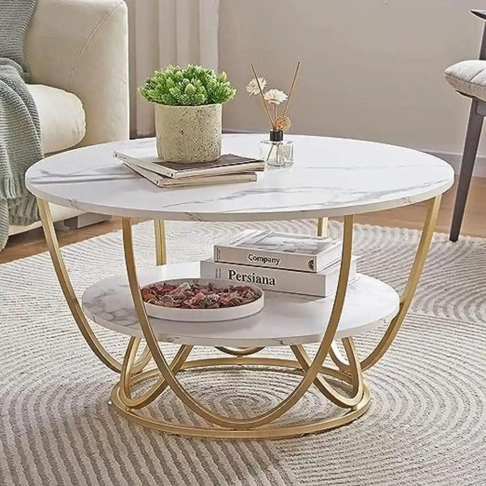 Wooden Twist Round Coffee Table with Marble Top Like Finish Stylish 2-Tier Design - Wooden Twist UAE