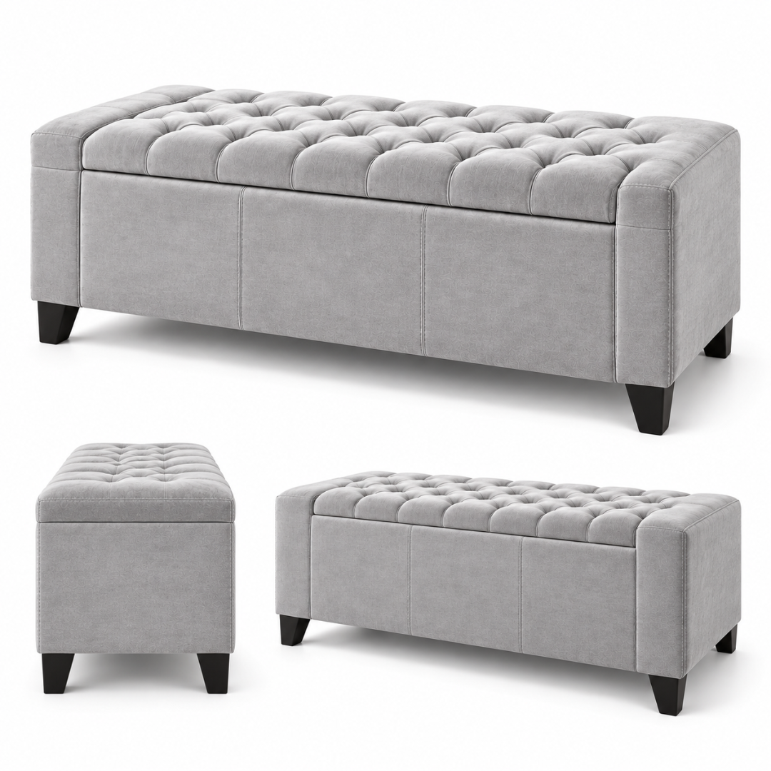 Wooden Twist Raffinee light gray velvet storage bench – front, side and angled views on white background