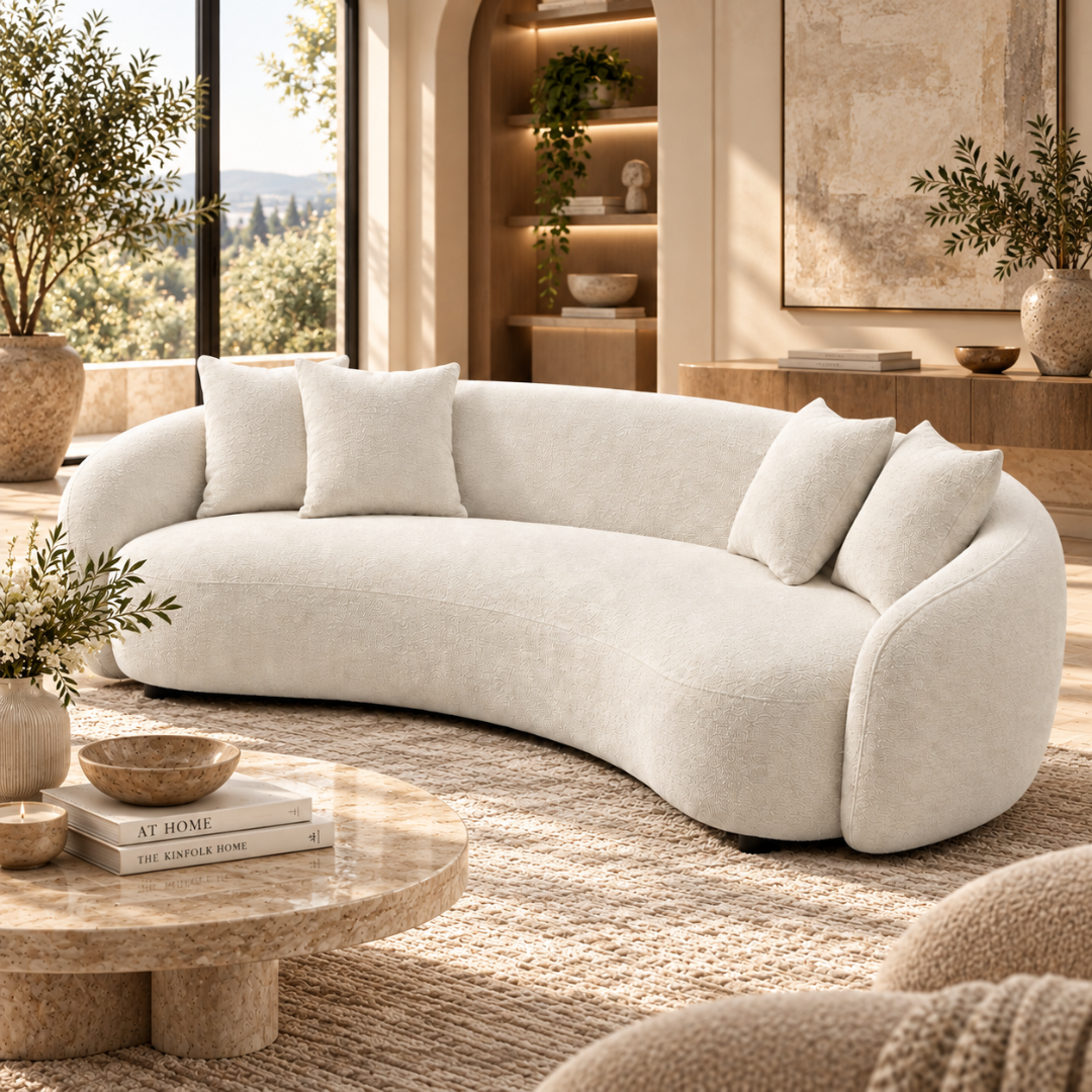 Wooden Twist Nuvelle Curved Chenille 3 Seater Sofa Off-White Cream – Living Room
