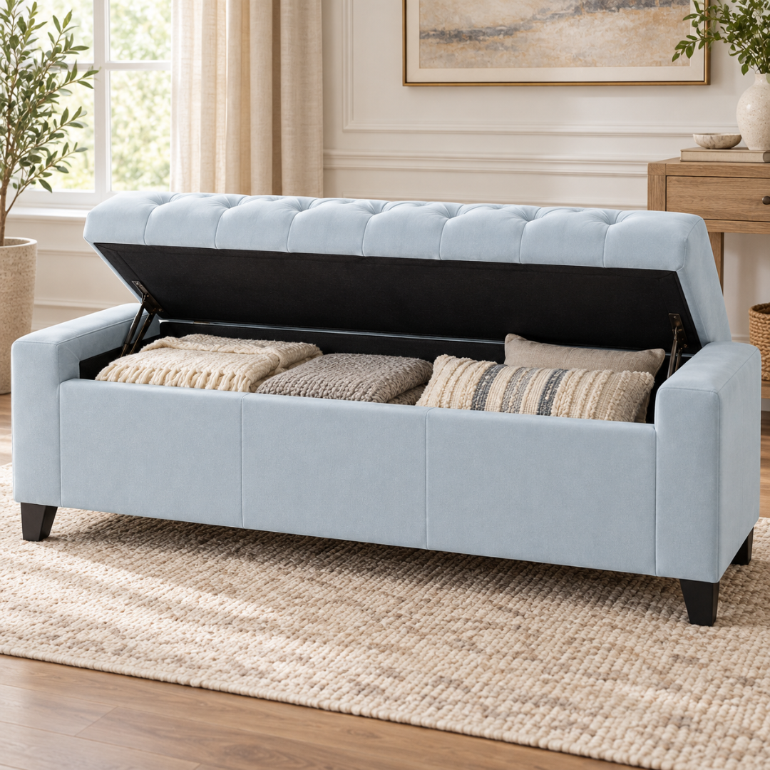 Wooden Twist Raffinee light sky blue storage bench – flip top open showing blanket and pillow storage