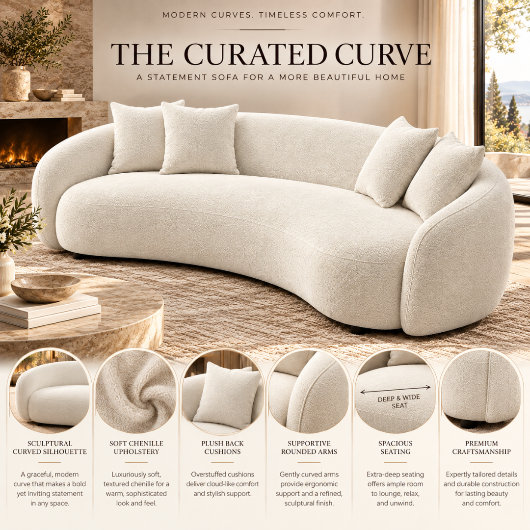 Wooden Twist Nuvelle Curved Chenille 3 Seater Sofa Off-White Cream – Key Features